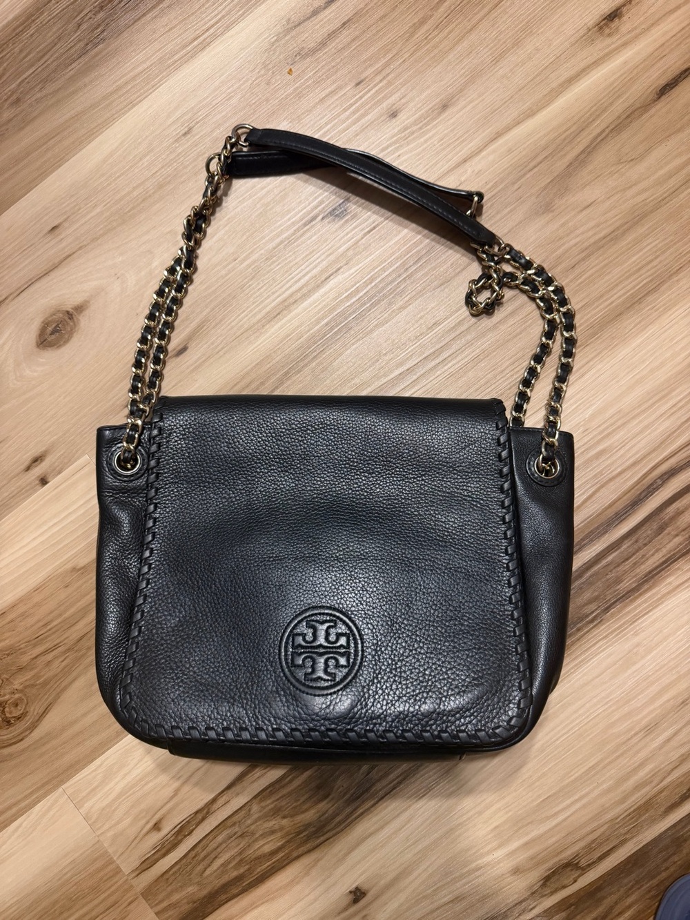 Tory Burch Black Pebbled Leather Chain Shoulder Bag with Gold Hardware